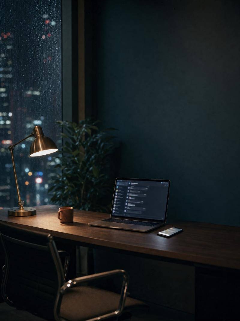 An empty office at night, rain on the window, a laptop and phone lighting up with new messages on the desk