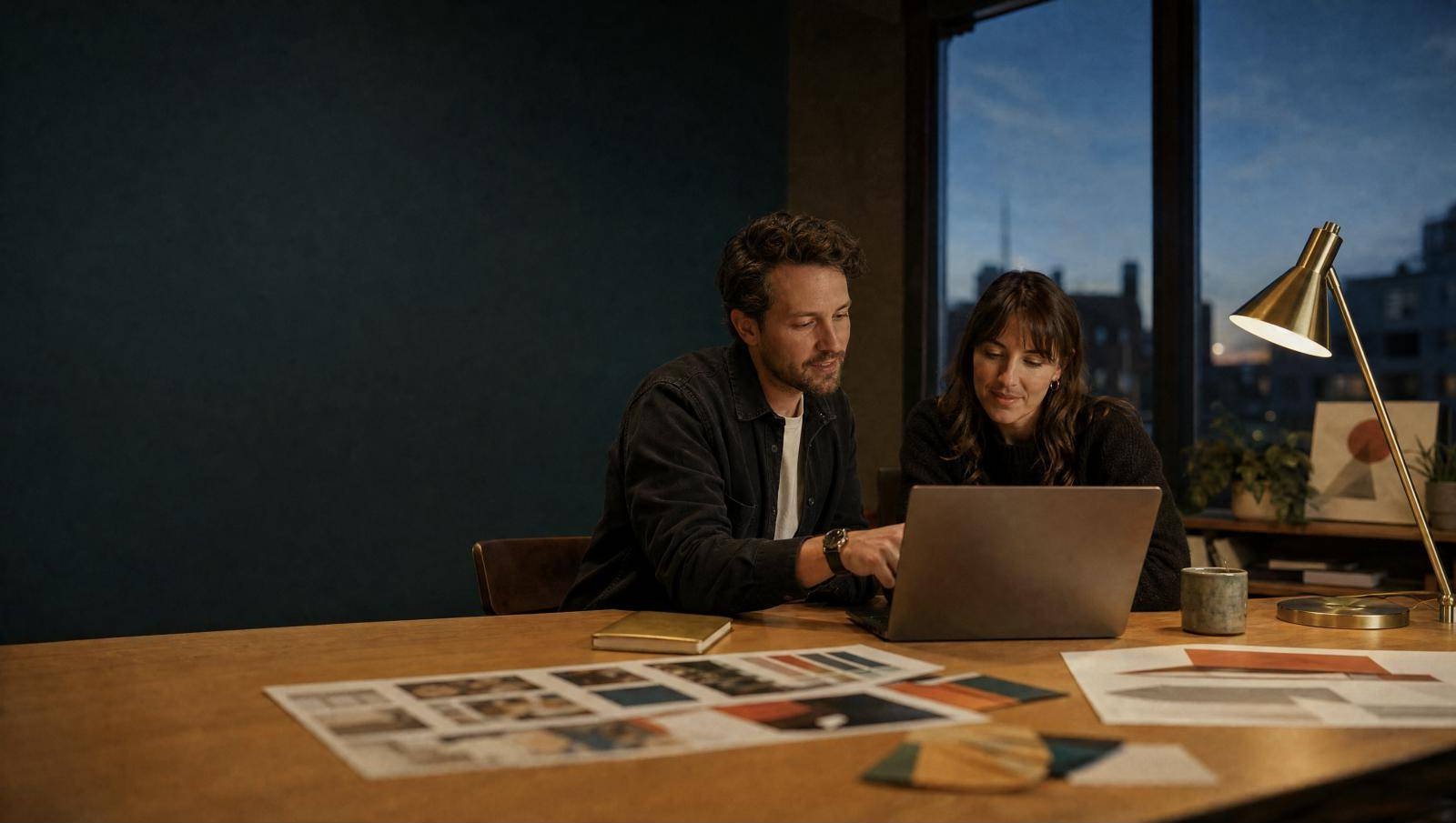 Two strategists reviewing a workflow dashboard at a studio table at dusk, design boards in petrol and terracotta spread out beside them